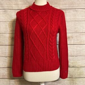 Tommy Hilfiger Cropped Fisherman Cable Knit Sweater Women’s Size  XS Red Preppy